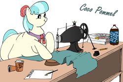 Size: 3280x2202 | Tagged: safe, artist:fatponysketches, coco pommel, earth pony, pony, belly, coco pudge, coffee, collar, desk, fat, female, high res, mare, material, neck fat, necktie, obese, pencil, pizza, quill pen, rolls, sewing machine, soda