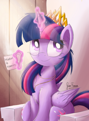 Size: 1760x2400 | Tagged: safe, artist:bugplayer, twilight sparkle, twilight sparkle (alicorn), alicorn, pony, beverage, bugplayer is trying to murder us, chest fluff, crepuscular rays, crown, cup, cute, female, jewelry, magic, mare, mug, necklace, regalia, signature, sitting, smiling, solo, twiabetes