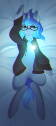 Size: 1120x2520 | Tagged: safe, artist:thehumanheart, oc, oc only, oc:gear pulse, pony, unicorn, body pillow, body pillow design, chromatic aberration, clothes, glasses, male, on back, solo, sweatshirt