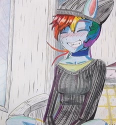 Size: 1490x1608 | Tagged: safe, artist:livintdark, derpibooru import, rainbow dash, anthro, blushing, choker, clothes, eyes closed, grin, hat, shirt, shorts, solo, traditional art