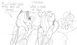 Size: 1280x753 | Tagged: safe, artist:evehly, derpibooru import, big macintosh, fluttershy, king sombra, rainbow dash, earth pony, pegasus, pony, male, monochrome, rainbow douche, slur, spying, stallion, vulgar