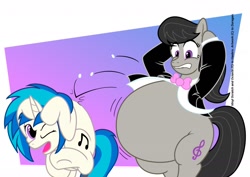 Size: 1280x905 | Tagged: safe, artist:duragan, dj pon-3, octavia melody, vinyl scratch, earth pony, pony, unicorn, adorafatty, belly, belly expansion, big belly, bipedal, bowtie, button popping, ducking, fat, fatavia, growth, huge belly, impossibly large belly, large belly, morbidly obese, need to go on a diet, need to lose weight, obese, too fat, too fat to fit, wardrobe malfunction