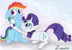 Size: 2921x2021 | Tagged: safe, artist:zaponator, rainbow dash, rarity, pegasus, pony, unicorn, chest fluff, female, hug, lesbian, raridash, shipping