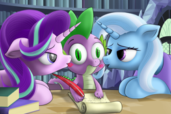 Size: 2500x1667 | Tagged: safe, artist:awalex, derpibooru import, spike, starlight glimmer, trixie, dragon, pony, unicorn, aroused, bedroom eyes, book, female, floppy ears, heavy breathing, kiss mark, kiss on the cheek, kiss sandwich, kissing, lesbian, letter, library, lipstick, love triangle, lucky bastard, male, mare, open mouth, polyamory, quill, scroll, shipping, sparlight, sparlixie, spike gets all the mares, spixie, startrix, straight, table, twilight's castle