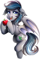Size: 1250x1825 | Tagged: safe, artist:meotashie, oc, oc only, oc:daturea eventide, bat pony, pony, apple, floating, floppy ears, fruit, lidded eyes, looking at you, open mouth, simple background, smiling, solo, spread wings, transparent background