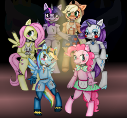 Size: 2441x2277 | Tagged: safe, artist:diamond--rose, derpibooru import, angel bunny, applejack, fluttershy, pinkie pie, rainbow dash, rarity, twilight sparkle, anthro, animatronic, crossover, five nights at freddy's, mane six