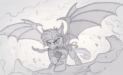 Size: 1280x781 | Tagged: safe, artist:yakovlev-vad, derpibooru import, oc, oc only, bat pony, pony, armor, grayscale, knife, monochrome, mouth hold, scar, sketch, slit eyes