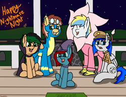 Size: 1056x816 | Tagged: safe, artist:koonzypony, oc, oc only, oc:chocolate pony, oc:cirrus sky, oc:lace works, oc:melting, oc:sapphire sights, oc:starry gaze, bat, bat pony, big cat, hippogriff, lion, pegasus, pony, undead, unicorn, vampire, vampony, annoyed, chocolate, clothes, costume, excited, eyes closed, fangs, femboy, fluffy, food, frown, grin, halloween, happy, lidded eyes, male, nightmare night, open mouth, piercing, police, police officer, sitting, smiling, smirk, trick or treat, unamused, weeping angel, witch, wonderbolts