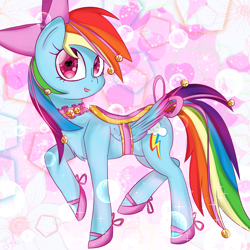 Size: 2031x2031 | Tagged: safe, artist:jonathan the awesome, derpibooru exclusive, rainbow dash, pegasus, pony, bells, bow, choker, clothes, cute, hair bow, heart eyes, lace, pink, rainbow dash always dresses in style, ribbon, saddle, shoes, streamers, wingding eyes