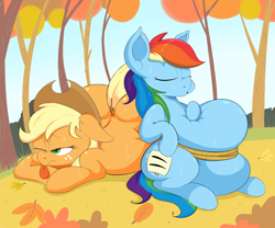 Size: 1796x1491 | Tagged: safe, artist:purple-yoshi-draws, applejack, rainbow dash, earth pony, pegasus, pony, fall weather friends, applefat, autumn, belly, dock, fat, fatty autumn art pony pack, morbidly obese, obese, rainblob dash, rope, running of the leaves, sweat