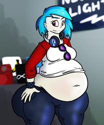 Size: 1250x1500 | Tagged: safe, artist:bigponiesinc, dj pon-3, vinyl scratch, human, ass, bbw, belly button, big belly, fat, hand on hip, huge butt, humanized, large butt, midriff, muffin top, music, obese, pony coloring, smirk, solo, sunglasses, thunder thighs, vinyl fat, wide hips