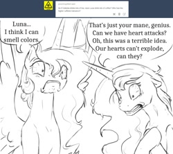 Size: 1280x1139 | Tagged: safe, artist:silfoe, derpibooru import, princess celestia, princess luna, alicorn, pony, bloodshot eyes, caffeine, faic, grayscale, luna found the coffee, monochrome, royal sketchbook, tumblr