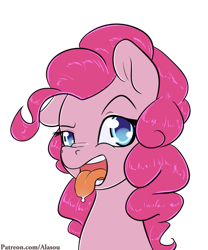 Size: 875x1050 | Tagged: safe, artist:alasou, derpibooru import, pinkie pie, earth pony, pony, bust, looking at you, open mouth, portrait, silly, silly pony, simple background, solo, tongue out, transparent background