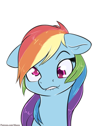 Size: 800x1000 | Tagged: safe, artist:alasou, derpibooru import, rainbow dash, pegasus, pony, bust, derp, funny face, lip bite, patreon, portrait, silly, silly pony, simple background, solo, transparent background