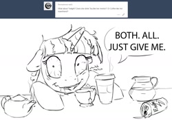 Size: 1280x894 | Tagged: safe, artist:silfoe, derpibooru import, twilight sparkle, twilight sparkle (alicorn), alicorn, pony, bloodshot eyes, caffeine, coffee, energy drink, floppy ears, food, grayscale, monochrome, royal sketchbook, sketch, solo, tea, tumblr