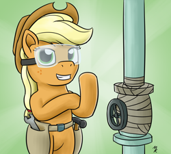 Size: 1280x1152 | Tagged: safe, artist:mkogwheel, derpibooru import, applejack, earth pony, pony, applejack's "day" off, duct tape, rosie the riveter, safety goggles, solo, that was fast, toolbelt, valve