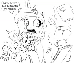 Size: 1280x1086 | Tagged: safe, artist:silfoe, derpibooru import, princess cadance, princess flurry heart, smarty pants, alicorn, pony, dialogue, drool, female, grayscale, magic, messy mane, monochrome, mother and child, mother and daughter, parent and child, royal sketchbook, speech bubble, telekinesis