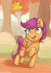 Size: 1050x1500 | Tagged: safe, artist:alasou, scootaloo, autumn, cute, cutealoo, cutie mark, ear fluff, forest, leaves, raised hoof, solo, the cmc's cutie marks, unshorn fetlocks