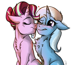 Size: 800x700 | Tagged: safe, artist:shimazun, starlight glimmer, trixie, pony, unicorn, boop, chest fluff, cute, female, floppy ears, fluffy, grin, heart, kissing, lesbian, mare, nose wrinkle, noseboop, one eye closed, shipping, simple background, smiling, startrix, white background, wink