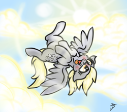 Size: 1222x1080 | Tagged: safe, artist:takutanuvataio, derpy hooves, pony, blushing, cute, floppy ears, flying, silly, silly pony, sky, solo, tongue out, upside down