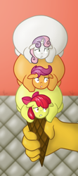 Size: 1000x2250 | Tagged: safe, artist:bigponiesinc, apple bloom, discord, scootaloo, sweetie belle, draconequus, earth pony, pegasus, pony, unicorn, apple blob, big belly, chaos, cutie lard crusaders, cutie mark crusaders, diner, discord being discord, fat, ice cream, ice cream cone, ice creasaders, imminent vore, immobile, implied vore, morbidly obese, obese, scootalard, sweetie belly, this will end in vore