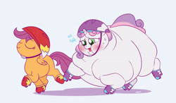 Size: 2668x1554 | Tagged: safe, artist:mellowhen, scootaloo, sweetie belle, fat, morbidly obese, obese, roller skates, sweat, sweetie belly