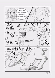 Size: 3552x4976 | Tagged: safe, artist:silfoe, derpibooru import, grogar, princess celestia, alicorn, pony, comic:ascension, cloven hooves, comic, earth pony celestia, grayscale, laughing, male, monochrome, ram, unamused, younger