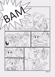 Size: 3560x4984 | Tagged: safe, artist:silfoe, derpibooru import, grogar, princess celestia, princess luna, star swirl the bearded, oc, oc:golden vellum, alicorn, pony, comic:ascension, comic, earth pony celestia, earth pony luna, grayscale, monochrome