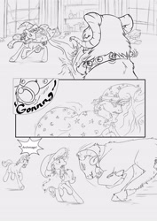 Size: 3544x5016 | Tagged: safe, artist:silfoe, derpibooru import, grogar, star swirl the bearded, oc, oc:golden vellum, comic:ascension, cloven hooves, comic, glowing horn, grayscale, magic, male, monochrome, ram