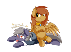 Size: 2494x1816 | Tagged: safe, artist:pridark, oc, oc only, oc:beat, oc:cleo, earth pony, pony, sphinx, blushing, circling stars, commission, crossed legs, cute, dizzy, duo, heart eyes, knockout, simple background, sitting, sitting on pony, sphinx oc, tongue out, transparent background, wingding eyes, wrestling, wristband