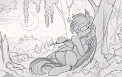 Size: 1280x808 | Tagged: safe, artist:yakovlev-vad, derpibooru import, oc, oc only, bat pony, pony, flute, monochrome, musical instrument, sketch