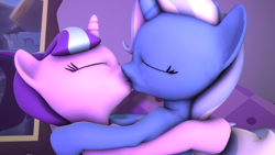 Size: 1920x1080 | Tagged: safe, artist:viranimation, derpibooru import, starlight glimmer, trixie, pony, unicorn, 3d, female, kissing, lesbian, mare, shipping, source filmmaker, startrix