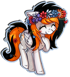 Size: 681x739 | Tagged: safe, artist:kyaokay, oc, oc only, oc:rainy sky, pegasus, pony, eyes closed, floral head wreath, happy, simple background, smiling, solo, transparent background