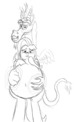 Size: 606x1000 | Tagged: safe, artist:8aerondight8, discord, fluttershy, pegasus, pony, belly, belly button, belly grab, chubby cheeks, fat, fattershy, monochrome, obese, sketch