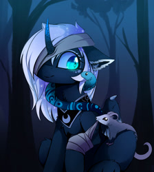 Size: 2400x2677 | Tagged: safe, artist:magnaluna, princess luna, tiberius, alicorn, opossum, pony, snake, bandage, female, forest, night, sitting, smiling