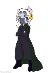 Size: 1000x1500 | Tagged: safe, artist:alasou, derpibooru import, zecora, anthro, plantigrade anthro, zebra, clothes, crossed arms, ear piercing, earring, harry potter, jewelry, patreon, piercing, severus snape, simple background, solo, transparent background