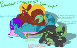 Size: 8000x5000 | Tagged: safe, artist:zeldafan777, oc, oc only, oc:emilia 'emmy' emberseed, oc:glacia, oc:slots, oc:totty, dracony, hybrid, merpony, absurd resolution, adorafatty, belly, belly bed, big belly, bloated, burp, cute, fat, huge belly, impossibly large belly, lovely, macro, obese, overweight, stomach noise, stuffed, stuffed belly