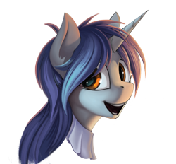 Size: 1953x1809 | Tagged: safe, artist:rublegun, oc, oc only, oc:homage, pony, unicorn, fallout equestria, bust, fanfic, fanfic art, female, horn, looking at you, mare, open mouth, portrait, simple background, smiling, solo, teeth, transparent background