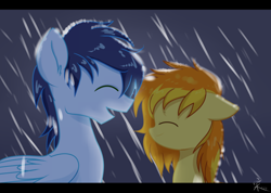 Size: 1024x728 | Tagged: safe, artist:yaaaco, derpibooru import, soarin', spitfire, pony, cute, eyes closed, female, male, rain, shipping, soarinfire, straight