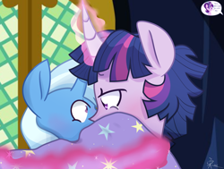 Size: 2470x1870 | Tagged: safe, artist:yaaaco, derpibooru import, dusk shine, prince dusk, trixie, twilight sparkle, twilight sparkle (alicorn), alicorn, pony, covering, female, half r63 shipping, kissing, male, rule 63, shipping, story in the source, straight, trixie's cape, trixshine, twixie