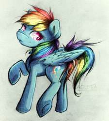 Size: 1024x1140 | Tagged: safe, artist:agletka, rainbow dash, pegasus, pony, raised hoof, simple background, solo, traditional art, white background