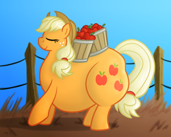 Size: 1250x1000 | Tagged: safe, artist:bigponiesinc, applejack, earth pony, pony, apple, applefat, belly, fat, female, obese, profile, solo