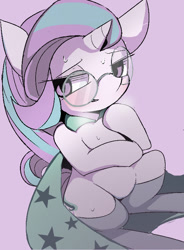 Size: 599x816 | Tagged: safe, artist:ccc, derpibooru import, starlight glimmer, trixie, pony, unicorn, bedroom eyes, blushing, cape, chibi, clothes, cute, female, glasses, glimmerbetes, hat, implied shipping, implied startrix, lesbian, looking at you, mare, shipping, solo, startrix, sweat, trixie's hat, wizard hat