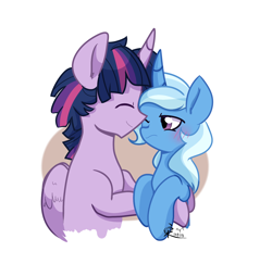 Size: 1494x1454 | Tagged: safe, artist:yaaaco, derpibooru import, dusk shine, prince dusk, trixie, twilight sparkle, twilight sparkle (alicorn), alicorn, pony, blushing, female, half r63 shipping, hug, male, rule 63, shipping, straight, trixshine, twixie