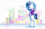 Size: 1024x649 | Tagged: safe, artist:tsitra360, dj pon-3, vinyl scratch, pony, unicorn, background pony, bipedal, chromatic aberration, clothes, earbuds, eyes closed, listening, music, signature, solo, sweater, visualizer