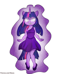 Size: 1250x1550 | Tagged: safe, artist:alasou, derpibooru import, twilight sparkle, anthro, plantigrade anthro, angry, clothes, commission, dress, glowing eyes, gritted teeth, magic, simple background, solo, transparent background