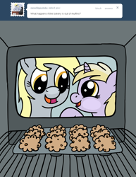 Size: 770x1000 | Tagged: safe, derpy hooves, dinky hooves, pegasus, pony, ask a mailmare, baking, female, food, mare, mother and child, mother and daughter, muffin, oven, parent and child