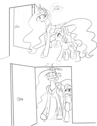 Size: 1275x1650 | Tagged: safe, artist:silfoe, derpibooru import, princess celestia, alicorn, pony, arin hanson face, cringing, crying, door, faic, grayscale, monochrome, ouch, royal sketchbook, sketch, speech bubble, tall, tall pony problems, tears of pain, wide eyes