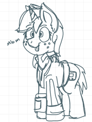 Size: 690x915 | Tagged: safe, artist:coatieyay, oc, oc only, oc:littlepip, pony, unicorn, fallout equestria, black and white, clothes, cutie mark, fanfic, fanfic art, female, freckles, graph paper, grayscale, hooves, horn, lined paper, mare, mlem, monochrome, pipbuck, raspberry, simple background, sketch, solo, tongue out, vault suit, white background