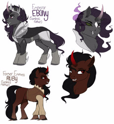 Size: 1928x2100 | Tagged: safe, artist:evehly, derpibooru import, oc, oc only, oc:emperor ebony, oc:empress ruby, pony, umbrum, unicorn, clothes, crown, curved horn, fangs, female, jewelry, male, mare, regalia, simple background, stallion